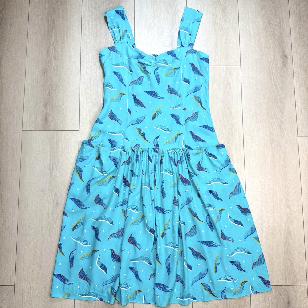 VTG Jones New York Dress Womens 16 Turquoise Abstract Midi Sundress 80s USA MCM!